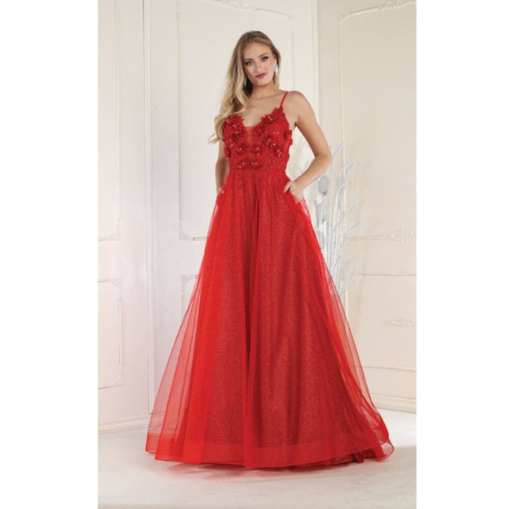 Red Prom Plunging V-Neck Sleeveless A-Line Dress By Royal Queen RQ8024